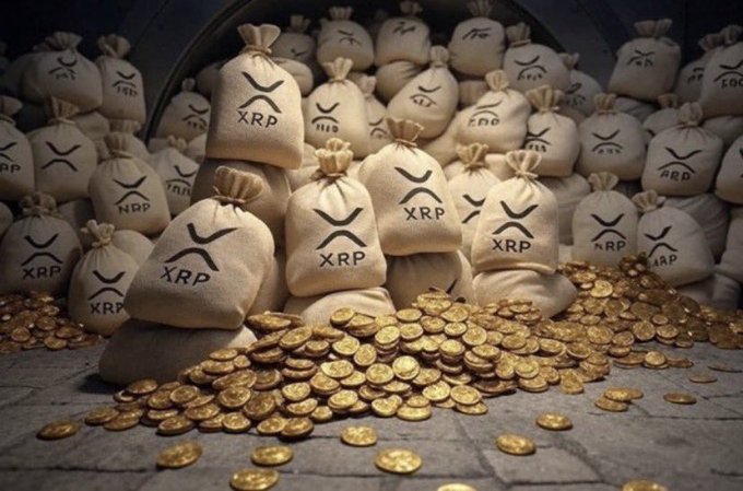 A pile of burlap money sacks branded with the XRP logo spills open to reveal heaps of gold coins in a vault-like setting.