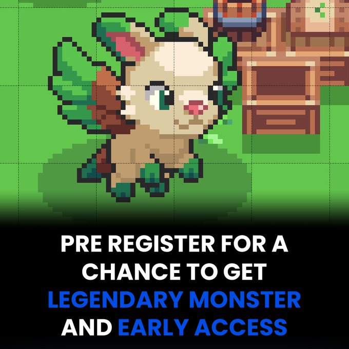 A pixel art promotional image for "Yakkamon" features a green, leaf-eared creature with a red saddle beside a wooden chest, accompanied by text reading "PRE REGISTER FOR A CHANCE TO GET LEGENDARY MONSTER AND EARLY ACCESS," teasing a new monster-collecting mobile game launch.