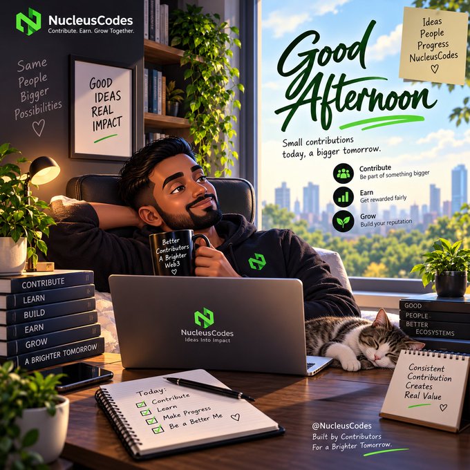 A promotional graphic for 'NucleusCodes' with the tagline 'Contribute. Earn. Grow Together,' featuring a 3D-rendered man with a beard working on a laptop with a cat beside him, surrounded by motivational text like 'GOOD IDEAS REAL IMPACT' and 'Good Afternoon'.