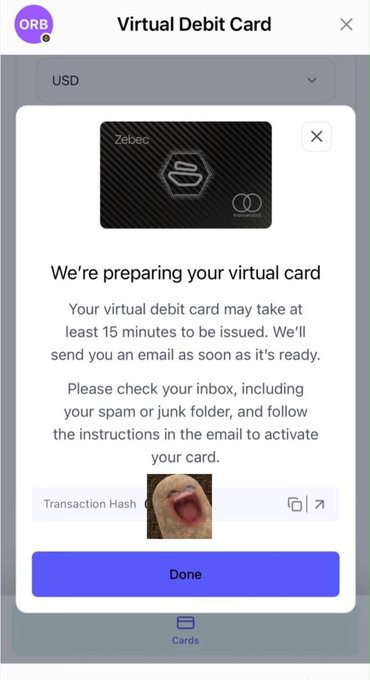The image shows a Zebec Virtual Debit Card interface within the Orbit+ app, displaying a "We're preparing your virtual card" message indicating that the card may take at least 15 minutes to be issued, with an email notification to follow for activation instructions. This aligns with the post about exploring the Velo x Zebec Debit Card feature, showing the initial card creation step where users can top up with digital assets like VELO and use the card wherever Mastercard is accepted.