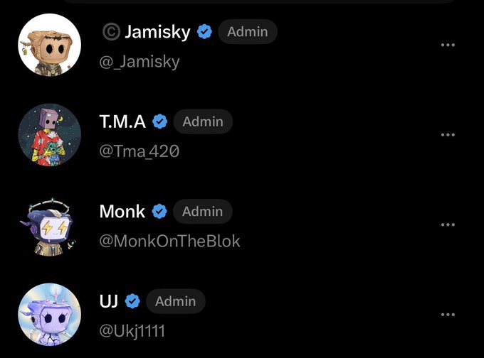 The image shows a Twitter/X group chat with four admins: Jamisky (@_Jamisky), T.M.A (@Tma_420), Monk (@MonkOnTheBlox), and UJ (@Ukj1111), each with verified checkmarks. This relates to the post by showing the admin list of the "blokyz" chat that the user just joined, with T.M.A (@Tma_420) being one of the four admins.