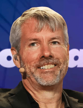 A smiling man with gray hair and beard, wearing a headset microphone, appears at what looks like a speaking event. The image accompanies breaking news that Strategy (led by Michael Saylor) sold approximately $109 million worth of Bitcoin over the past week.