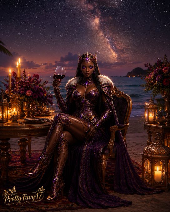 A fantasy digital illustration of a regal woman in a purple gown holding a glass of wine, seated on a beach at night under a starry sky, signed 'PrettyFairy17'.