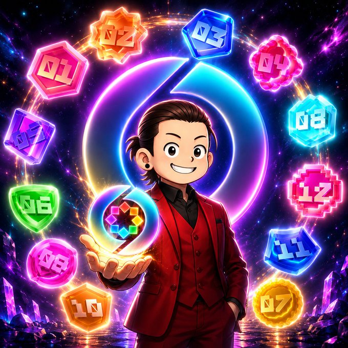 An anime-style illustration features a smiling character in a red suit holding a glowing orb, surrounded by colorful numbered gems (01-12) against a cosmic background.