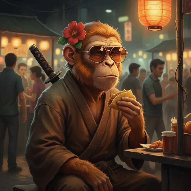 A digital artwork portrays a monkey wearing sunglasses, a kimono, and a red flower in its hair, holding a taco in a bustling night market illuminated by paper lanterns.