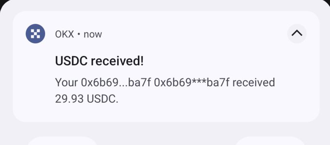 A notification from OKX showing that a wallet ending in ba7f received 29.93 USDC. The image illustrates the type of small, recurring crypto payments the post suggests can be earned through ambassador, creator, and agency programs to grow a small account toward $300-$500.
