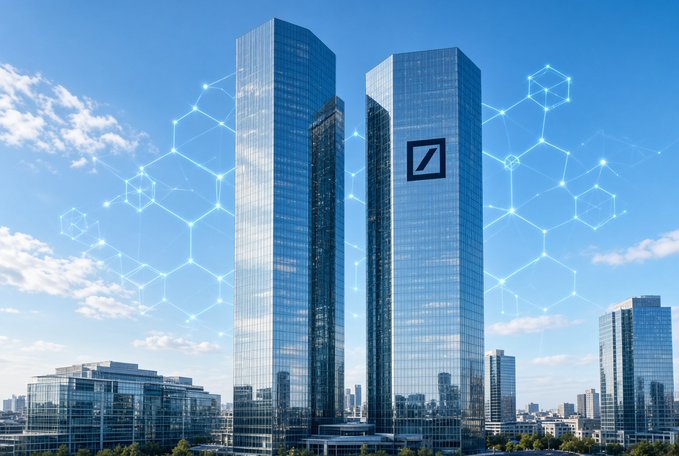 A modern glass twin-tower Deutsche Bank headquarters stands against a bright blue sky, overlaid with glowing hexagonal network graphics symbolizing the bank's digital infrastructure as it enters crypto custody services for BTC, ETH, and stablecoins like USDC and EURC.