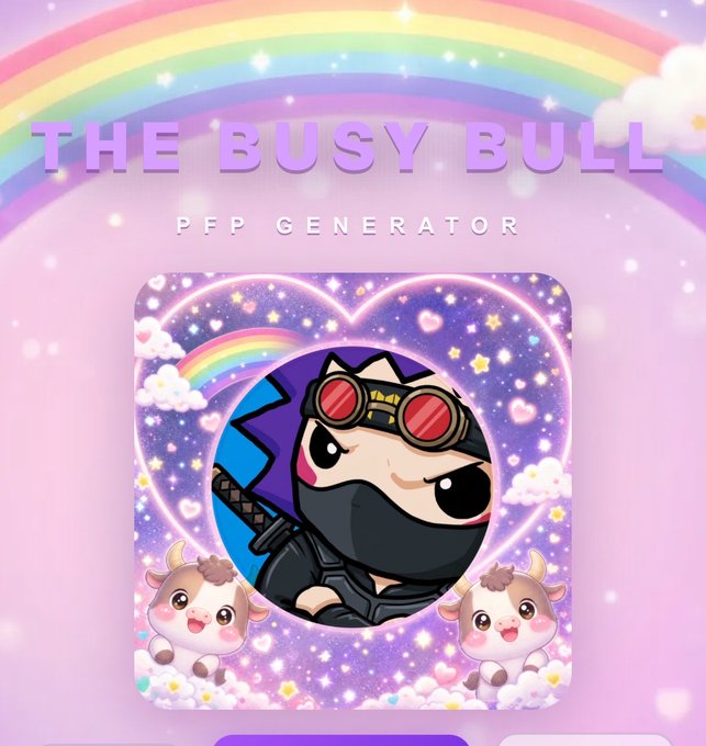 A promotional graphic for 'THE BUSY BULL PFP GENERATOR' featuring a cartoon ninja character with red goggles, set against a pink and purple kawaii-style background with rainbows, stars, and cute cow illustrations.