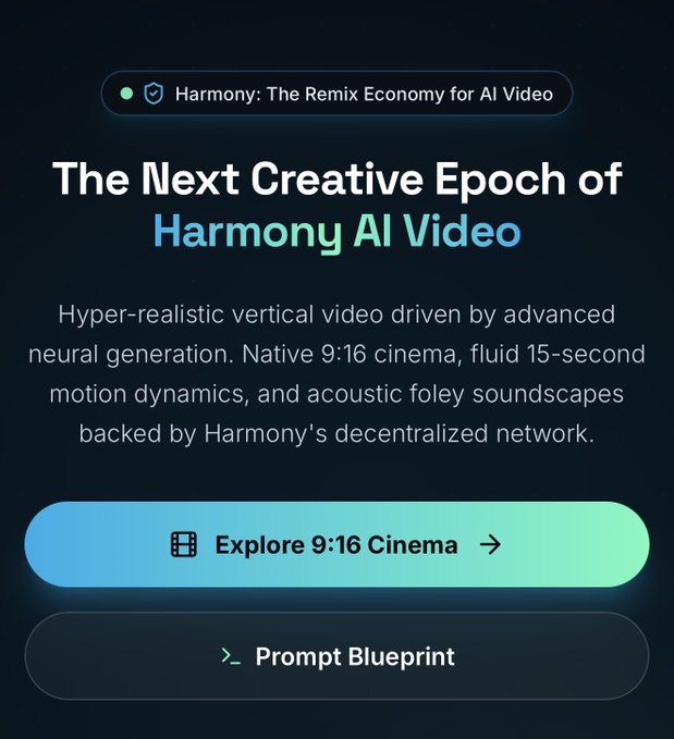 A digital advertisement reads 'Harmony: The Remix Economy for AI Video' and 'The Next Creative Epoch of Harmony AI Video', describing 'Hyper-realistic vertical video' with buttons for 'Explore 9:16 Cinema' and 'Prompt Blueprint'.