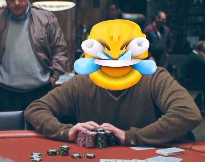 A person in a brown sweater sitting at a poker table with chips, with their face humorously replaced by a large, dizzy-looking emoji.