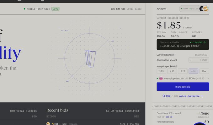 The image shows a screenshot of the Ethos Network public token sale page with a current clearing price of $1.85 per $WHUF, displaying 840 total bidders and $3.9M total committed, matching the tweet about placing a $10k bid at max $30M FDV during the token auction.