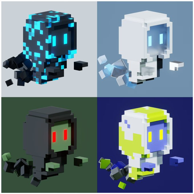 A four-panel illustration featuring pixelated, voxel-style hooded figures in different color schemes: black with blue accents, white with blue, dark gray with green, and yellow with purple.