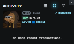 An 'ACTIVITY' screen showing a transaction list with 7 minutes timer, listing 1 buy at $4.28 and an Aztec to HQD14 trade, with text 'No more recent transactions.'