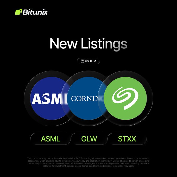 A Bitunix promotional graphic announces three new USDT-M futures listings: ASML Holding NV (ASML), Corning Incorporated (GLW), and Seagate tokenized stock (STXX), displayed as overlapping circular logos above their respective ticker symbols against a black background.