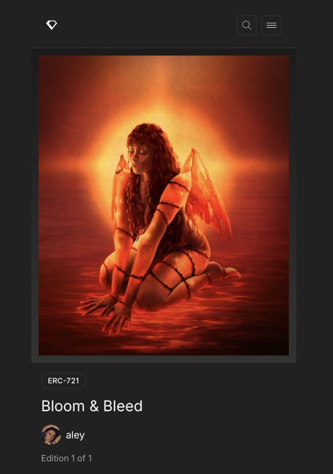 An NFT marketplace listing showing a digital artwork titled "Bloom & Bleed" by artist "aleyy" (ERC-721), depicting a winged, bondage-themed figure kneeling in a red, ethereal environment.