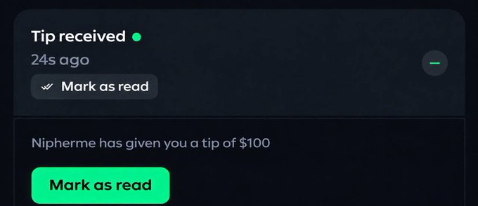 A dark-themed notification card displays "Tip received" with a "Mark as read" button, showing that user "Nipherme" has given a $100 tip—likely in response to the post's giveaway promotion for replying and retweeting.