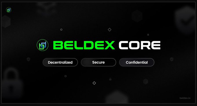 The image displays the "BELDEX CORE" logo in green and white text on a black background, accompanied by three oval badges labeled "Decentralized," "Secure," and "Confidential." The "beldex.io" URL appears in the bottom right corner, reinforcing the post's message that Beldex builds privacy into its core protocol infrastructure, powering tools like BChat, BelNet, BNS, and Beldex Browser.