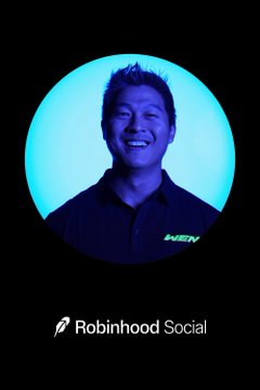 A circular profile photo of a smiling man in a dark polo against a bright blue circle, with the "Robinhood Social" logo and text below.
