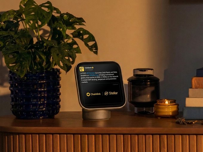 A Chainlink oracle update for "CoinDesk 6" about institutional crypto interest is displayed on a smart home device, surrounded by a leafy plant, candles, and decorative objects on a wooden surface—fittingly welcoming Chainlink "home" to this cozy domestic setting.