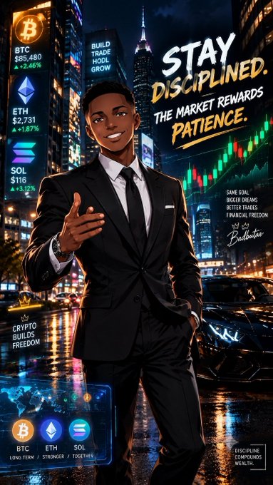 An illustration of a man in a black suit standing confidently in front of a city skyline at night, with text 'STAY DISCIPLINED. THE MARKET REWARDS PATIENCE.', cryptocurrency tickers (BTC, ETH, SOL) with their prices and percentage changes, and 'CRYPTO BUILDS FREEDOM'.