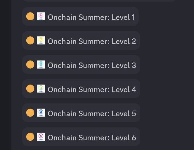 The image displays a list of six "Onchain Summer" levels (Level 1 through Level 6), each marked with a colored NFT badge, likely representing claimable roles available on guild.xyz/base as mentioned in the post. These appear to be the badges users can collect by participating in Onchain Summer and connecting their accounts to Base.