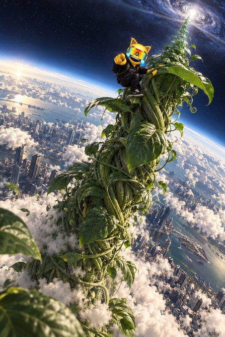 A digital artwork showing a small character with a crying cat emoji face sitting atop a giant beanstalk extending from the clouds up to a swirling galaxy in space, with a city skyline below.