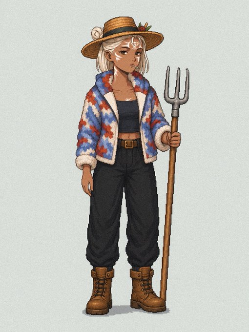 An illustrated character design of a dark-skinned person with white hair and facial markings, wearing a straw hat with a flower, a patterned blue and red fleece jacket, dark cargo pants, and brown boots, while holding a pitchfork.