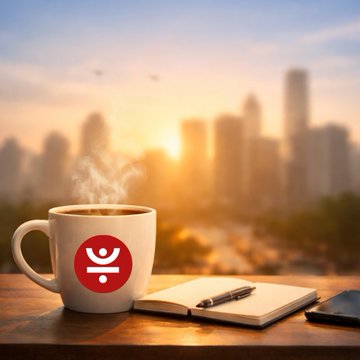 A steaming cup of coffee with the JUST DAO logo sits beside an open notebook and pen on a balcony overlooking a city skyline at sunset, evoking a morning of planning for the future of decentralized finance. The image complements the post by symbolizing the calm, focused mindset behind JUST DAO's vision as the blueprint for modern Web3 banking in an emerging digital economy.