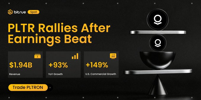 The image is a Bitrue Spot promotional banner titled "PLTR Rallies After Earnings Beat," highlighting Palantir's ($PLTR) strong Q2 performance with $1.94B revenue, +93% YoY growth, and +149% U.S. Commercial Growth, alongside a "Trade PLTRON" call-to-action button and a stylized graphic of coins balancing on a pedestal. It visually reinforces the accompanying post's bullish sentiment on Palantir's earnings results by directing viewers to trade $PLTRON on Bitrue.