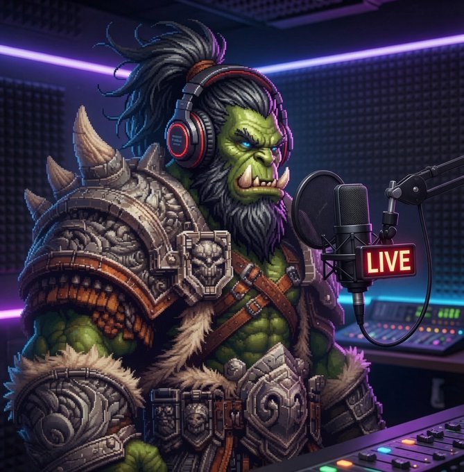 Digital artwork of a green-skinned orc with a black ponytail and beard, wearing headphones and ornate armor, speaking into a microphone with a 'LIVE' indicator in a neon-lit studio.