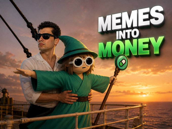A meme image featuring a person in a Titanic pose with a wizard character on the bow, with the text 'MEMES INTO MONEY'.