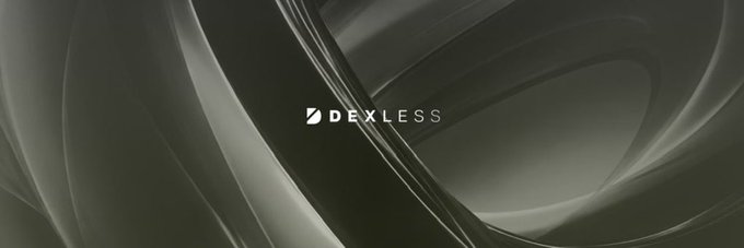 A minimalist dark-themed banner or splash screen displaying the text 'DEXLESS' with a small logo, set against a background of abstract, flowing dark metallic ribbons.