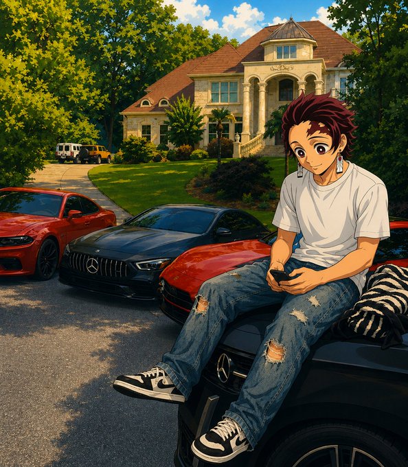 An anime-style illustration of a red-haired character sitting on the hood of a Mercedes sports car, with luxury cars and a mansion in the background.