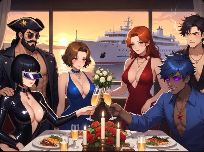 A group of six anime-styled characters toast with champagne at an elegant candlelit dinner, with a luxury cruise ship labeled "ASTER" visible through the window during sunset. The image serves as a stylized group photo of the dinner attendees (including the captain), tagged with AsterDEX and its co-founders' handles.