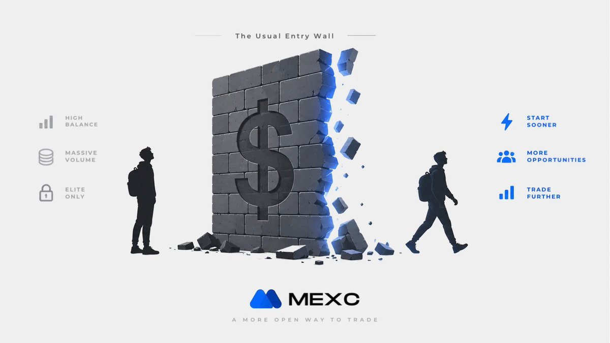A promotional graphic for MEXC exchange titled 'The Usual Entry Wall,' depicting a figure breaking through a brick wall featuring a dollar sign, highlighting benefits like 'High Balance,' 'Massive Volume,' 'Elite Only,' 'Start Sooner,' 'More Opportunities,' and 'Trade Further.'
