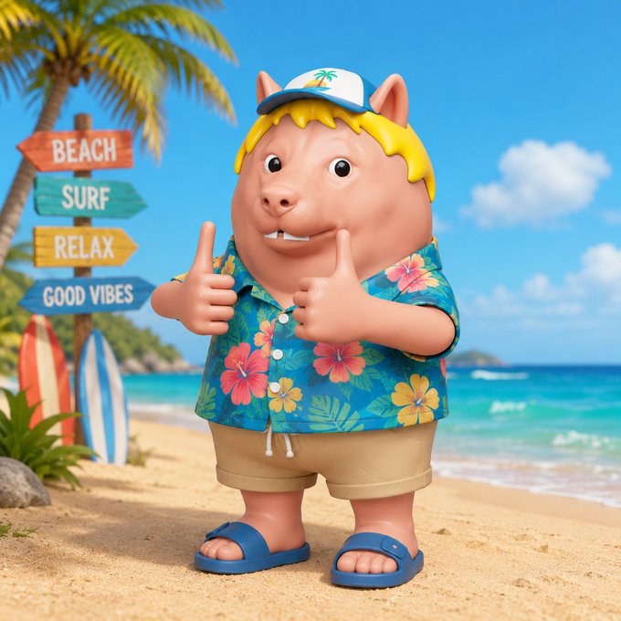 The image features a cartoon character, likely a pig or a dog, standing on a sandy beach with palm trees behind him. The character has blonde hair and is wearing a Hawaiian shirt and sandals. There are two surfboards placed next to the character, one closer to the left side of the image and another further back towards the right side. A signpost can be seen in the background, which includes words like "Beach", "Surf", "Relax", and "Good Vibes". The post also contains a social media handle, likely an account or a hashtag related to the beach or surfing community.