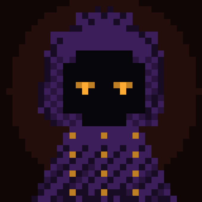 A pixel art illustration of a mysterious figure wearing a dark purple hooded cloak with glowing yellow eyes.