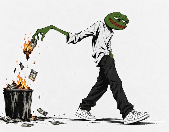 A Pepe the Frog figure walks past while tossing burning dollar bills into a trash can, rejecting material wealth in favor of cultural loyalty as echoed by the caption "not for the money. for the culture."