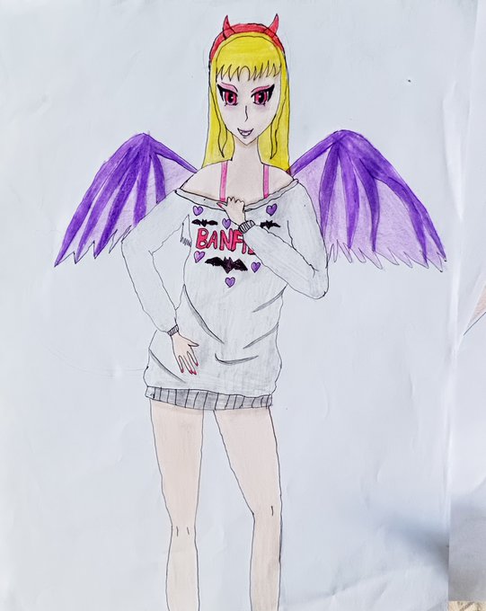 Hand-drawn colored pencil illustration of a blonde anime-style girl with purple bat wings and red devil horns, wearing an off-shoulder sweater that reads 'BANG' with heart and bat motifs.
