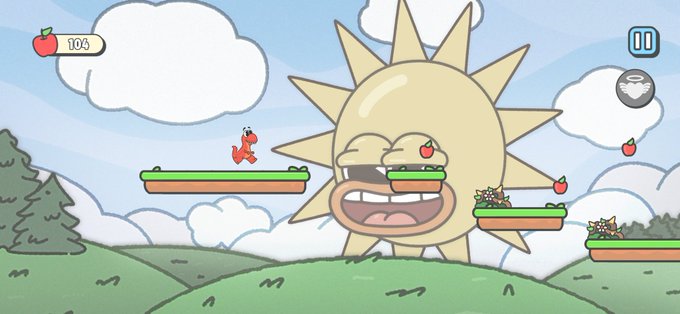 A screenshot of a 2D platformer game featuring a cartoon sun with a face, with a red character jumping across floating platforms collecting apples, with a score of 104 visible in the top-left corner.