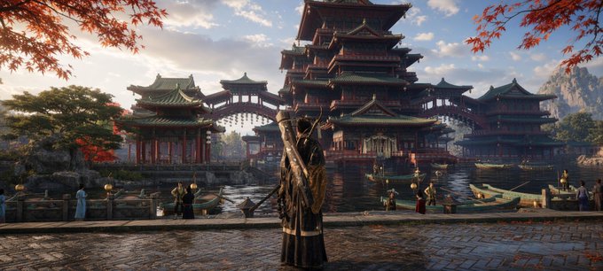 A figure with feathered armor stands before an ornate Asian palace with tiered roofs, arched bridges, and boats on the water, with red maple leaves framing the scene.