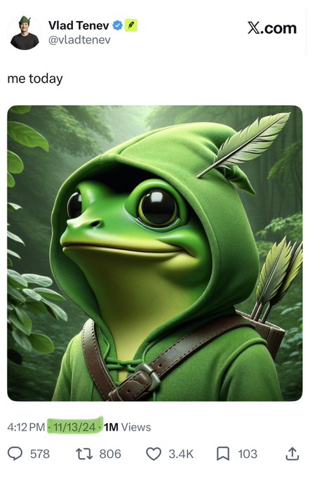 A tweet by Vlad Tenev (@vladtenev) captioned 'me today' featuring an AI-generated image of a green frog dressed as Robin Hood, posted at 4:12 PM on 11/13/24 with 1M views, 3.4K likes, and 578 replies.