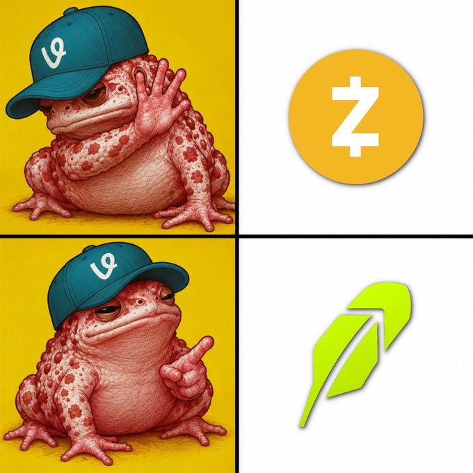 A meme-style image showing two frogs wearing teal hats with logos alongside Zcash (Z) and another cryptocurrency symbol.