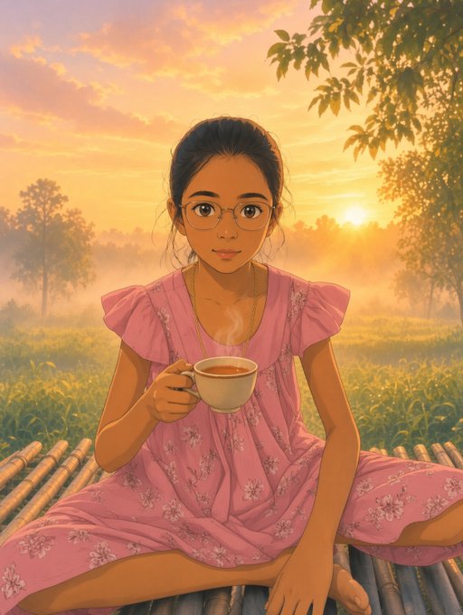A young woman with glasses and a pink floral dress sits cross-legged on a bamboo platform, holding a steaming cup of tea at sunrise in a misty green field. The warm, peaceful morning scene mirrors the calm "good morning" greeting of the post, which introduces @NucleusCodes as a solution to Web3's scattered reputation problem by unifying on-chain identity.