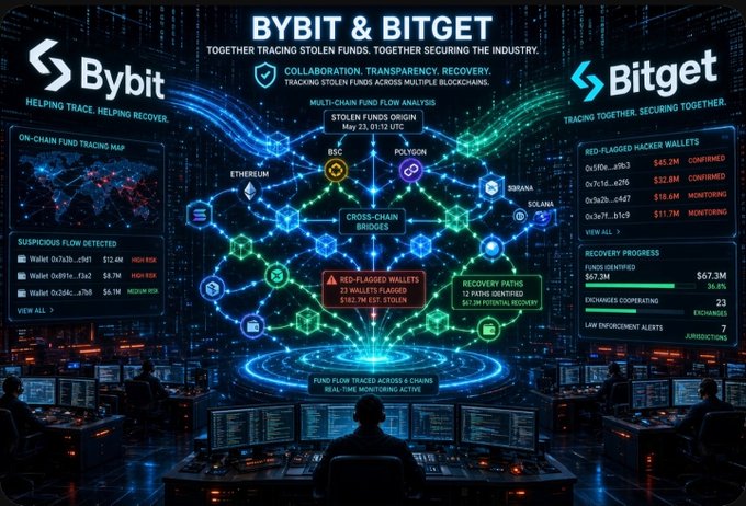 A digital dashboard showing collaboration between Bybit and Bitget for tracing stolen cryptocurrency funds across multiple blockchains including Ethereum, BSC, Polygon, and Solana, with sections displaying suspicious flows, red-flagged wallets, and recovery progress totaling $67.3M.