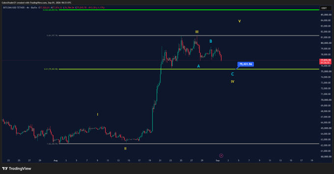 A TradingView chart of BTC/USD on the 4h timeframe shows price action with Elliott Wave labeling (I-III, A-B-C, IV-V) and a highlighted key support zone at $76,635.32, reinforcing the post's emphasis on this level as the most important support for Bitcoin in the short term.
