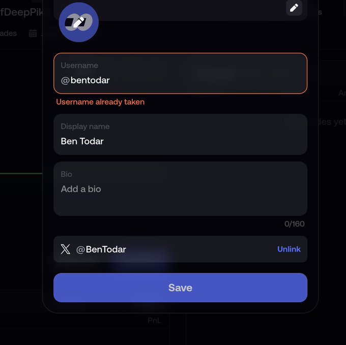 A dark-mode profile settings dialog showing an error 'Username already taken' for '@bentodar', with the display name 'Ben Todar' and an X/Twitter handle '@BenTodar' linked.