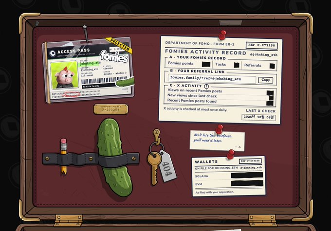 Illustration of a Department of Fomo Form ER-1 record for user 'ojohnking_eth' showing an access pass with an avatar, an Activity Record with a Fomies count, X Activity from recent Fomies posts, and Wallets section displaying Solana and EVM addresses.