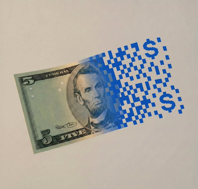This is an image that depicts money in the form of a five dollar bill, which has been decoded into a pattern of blue squares instead of traditional denominations. The original value of the bill has been replaced by various pixelated patterns, creating a unique and visually intriguing representation of monetary transactions. This image seems to be related to a post on Cash App that explains how users can move their digital dollars to real ones at no cost, referred to as "Live now" in the caption.