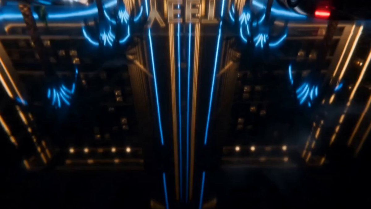 The image features a neon sign with blue lines that says "Let's" written on it, which appears to be located at the top of a building. The photo has been edited to make it look like there are two people standing next to each other in front of the neon sign.